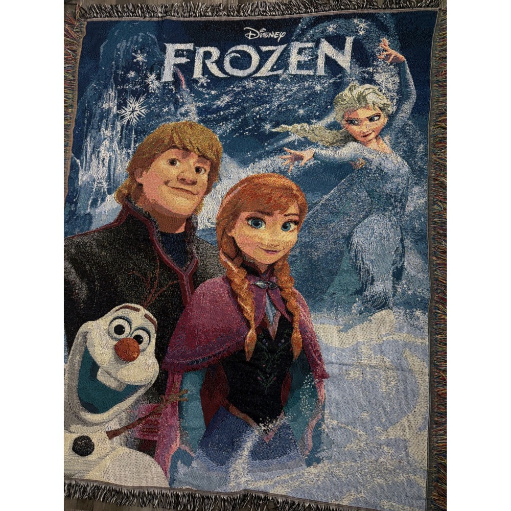 Disney Frozen Woven Tapestry Throw Blanket Elsa Anna Kristoff Olaf Fringed Edge